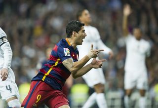 Luis Suarez celebrates a goal for Barcelona against Real Madrid in November 2015.