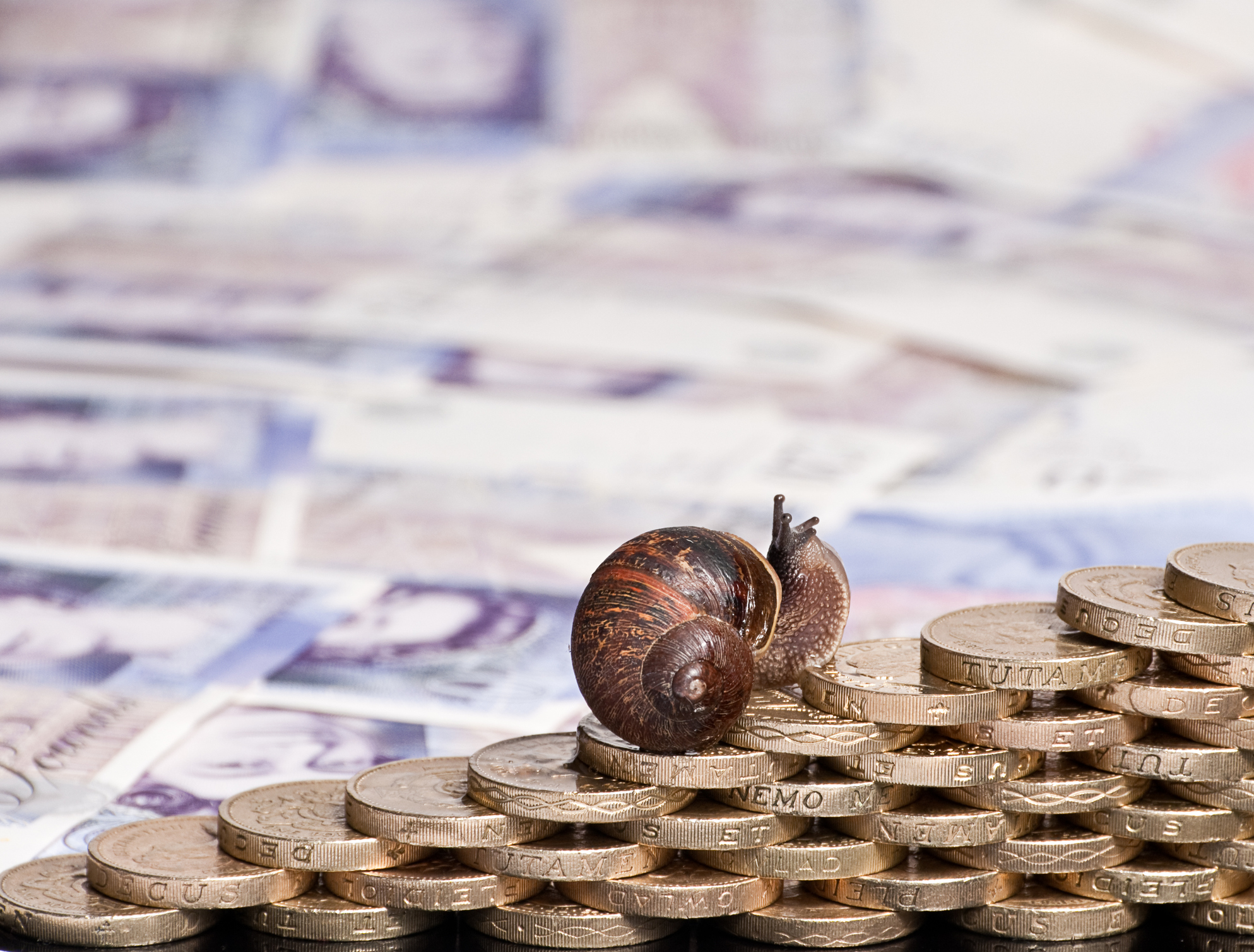 A snail slowly climbs a rising pile of pound coins 20 pound notes representing stagflation
