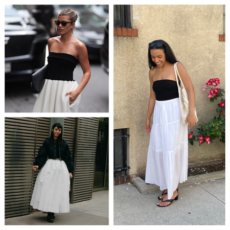 three women wearing white skirts and black shirts