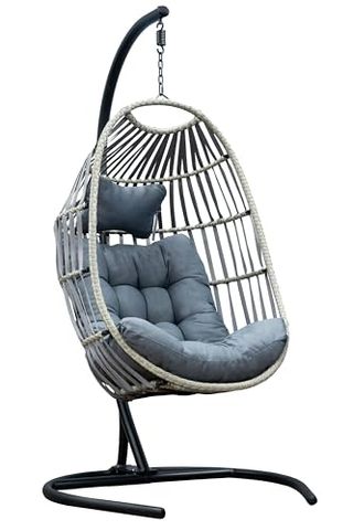 Sh&g Folding Rattan Hanging Egg Chair | Steel Hanging Swing Chair | Cushioned Wicker Egg Basket | Seat and Stand