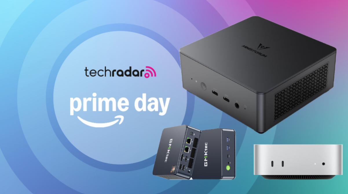 Three mini PCs on a rainbow-colored background next to a TechRadar badge reading &#039;Prime Day&#039;