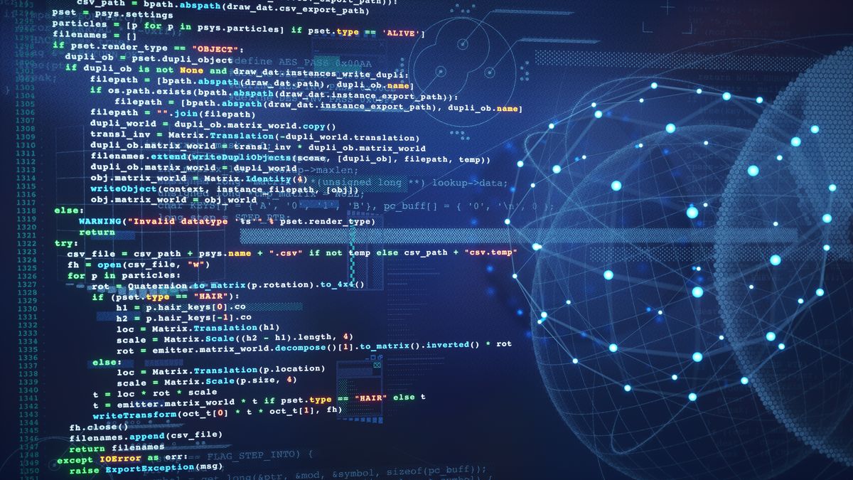 Glowing python programming language code on a blue digital surface with a sphere grid design infographics overlay. - stock photo