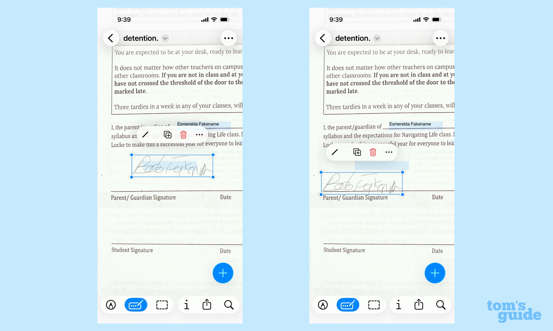 Drag signature to line up with field in Preview app on iPhone