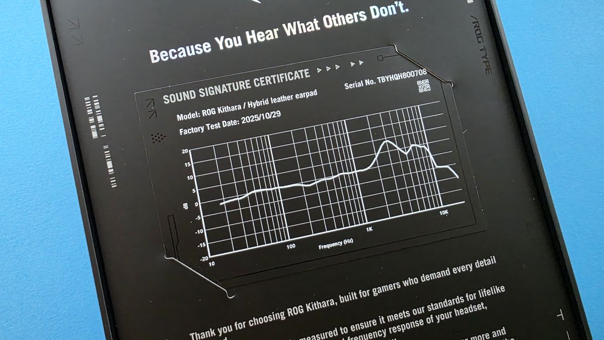 Close-up of a sound signature certificate on a box showing frequency response graph. Text reads: "Because You Hear What Others Don't." T