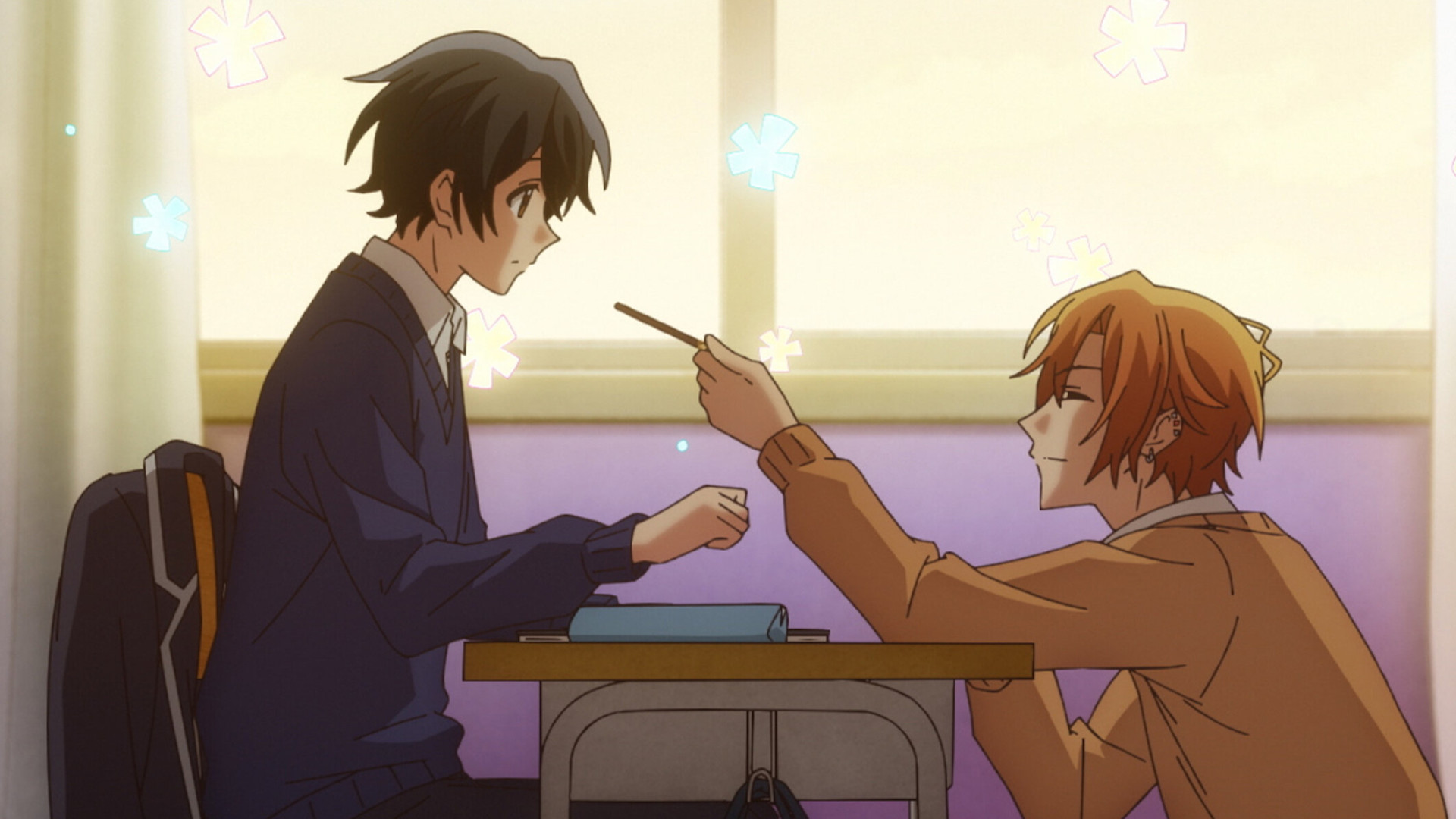 Yoshikazu Miyano sitting at his desk looking at Sh&amp;#363;mei Sasaki who is crouching in front of him and offering him a poky stick during an episode in the romance anime Sasaki and Miyano.
