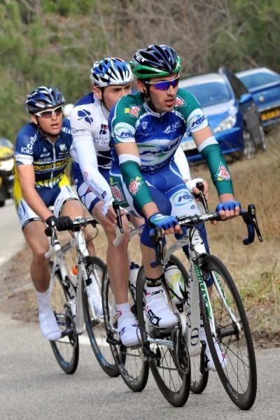 Johnny Hoogerland (Vacansoleil), Matthiu Ladagnous (Fran&ccedil;aise des Jeux) and Jonathan Hivert (Saur-Sojasun) in the breakaway