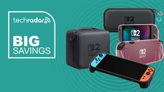 A collection of Nintendo Switch 2 cases on a cyan background. Text reads: Big savings