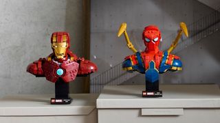 Lego Iron Man MK4 Bust and Lego Iron Spider-Man Bust in situ