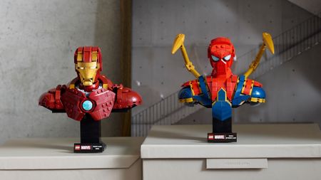 Lego Iron Man MK4 Bust and Lego Iron Spider-Man Bust in situ