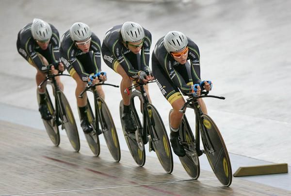 The West Australian team pursuit riders warm up.