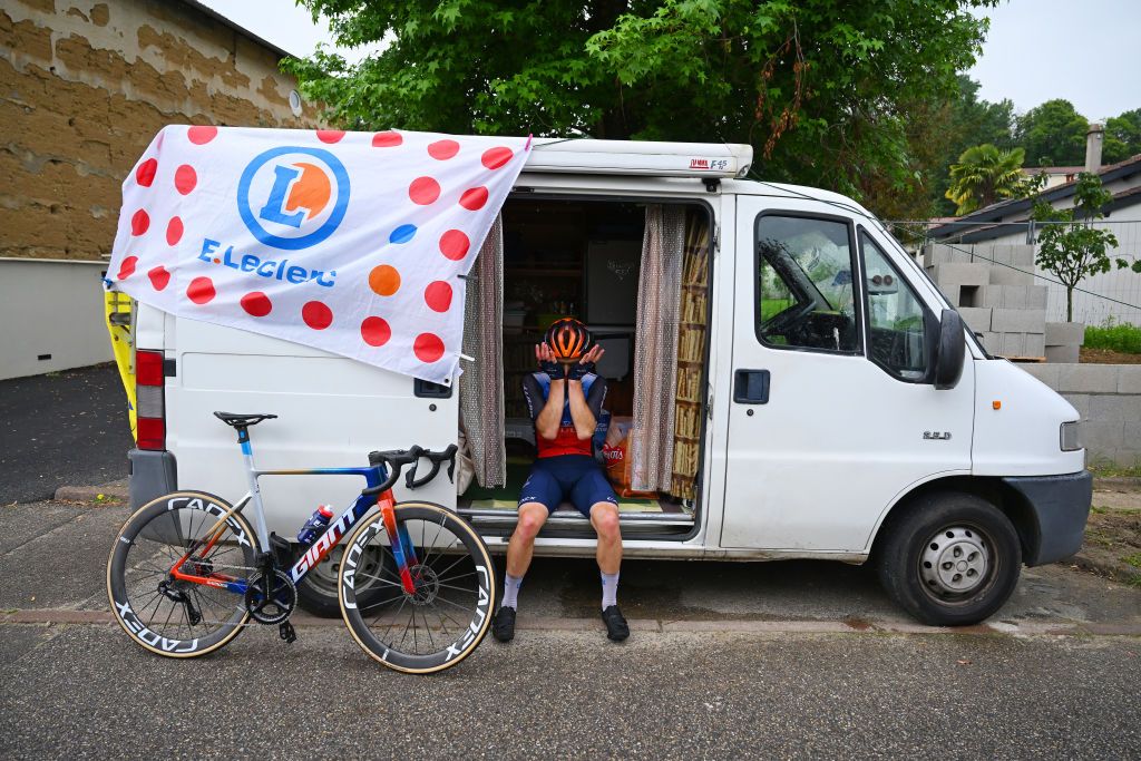 BOISSETSAINTPRIEST FRANCE JUNE 06 Christopher JuulJensen of Denmark and Team Jayco AlUla waiting after the neutralization of the race due to a multiple fall during the 76th Criterium du Dauphine 2024 Stage 5 a 167km stage from Amplepuis to SaintPriest UCIWT on June 06 2024 in BoissetSaintPriest France Photo by Dario BelingheriGetty Images