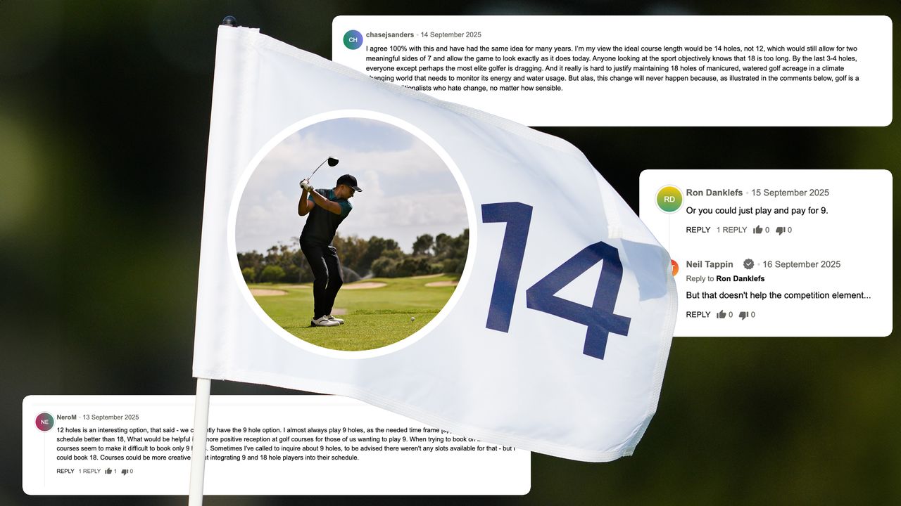 A white golf flag with the number 14 written on it and a golfer hitting a tee shot, to represent the idea of 14-hole golf, with three inset images of comments from Golf Monthly readers sharing their opinion on the introduction of reduced courses