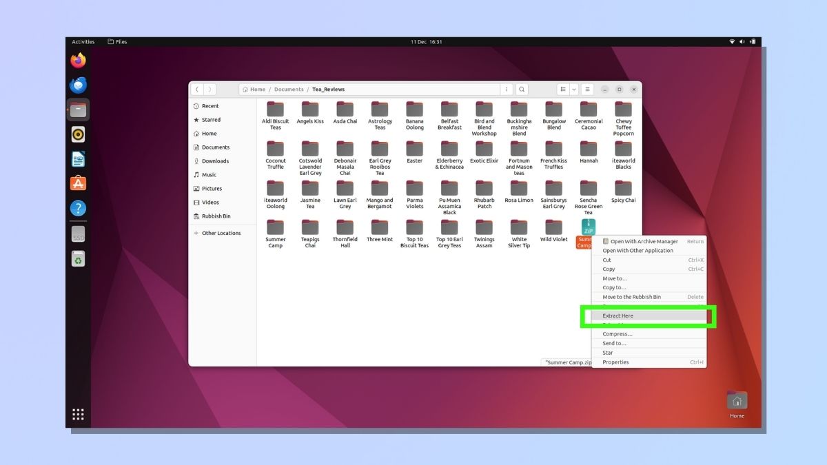 Снимок экрана, показывающий, как заархивировать папку в Linux — распаковать в приложении «Файлы» дистрибутива