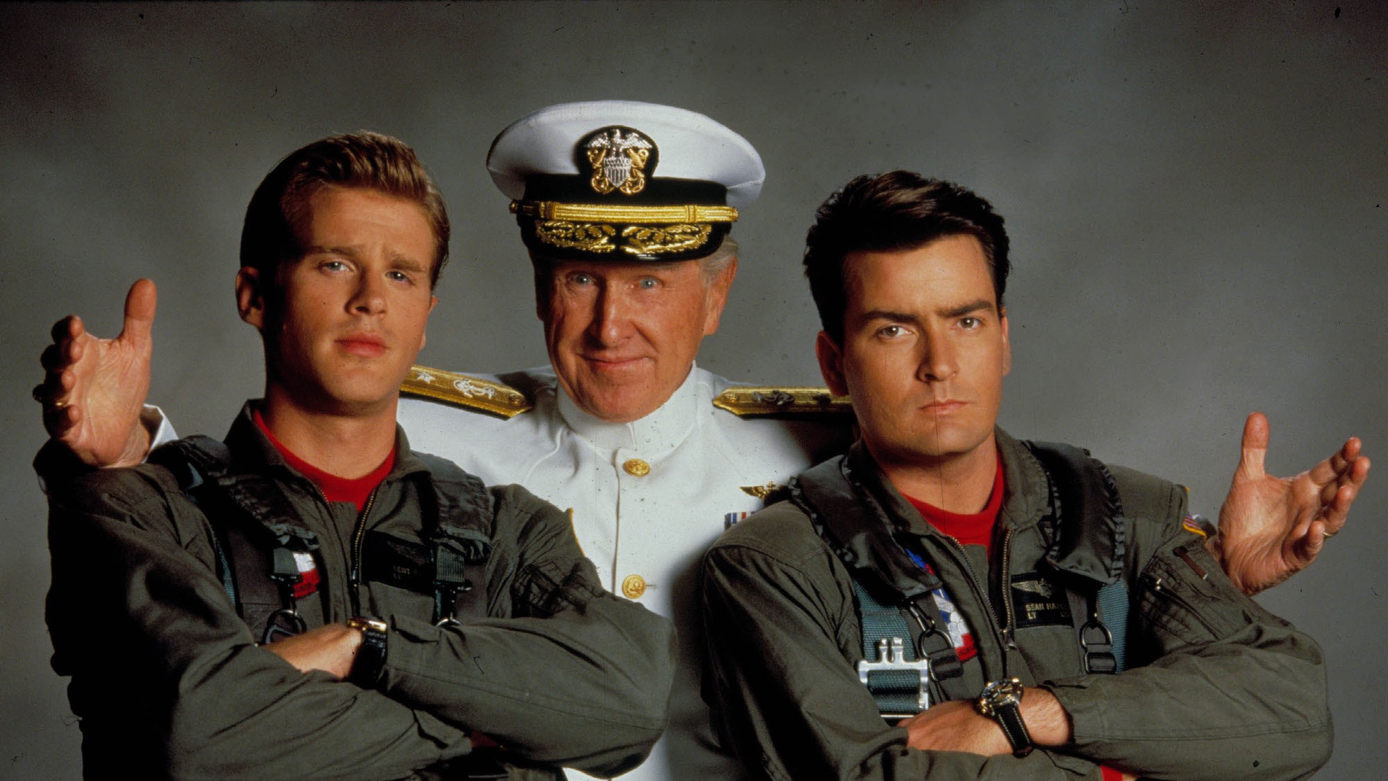 Cary Elwes, Lloyd Bridges and Charlie Sheen in Navy uniforms in Hot Shots!