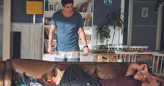 Justin Morgan talks to Mason Morgan while he worries about Beth Ellis in Home and Away..