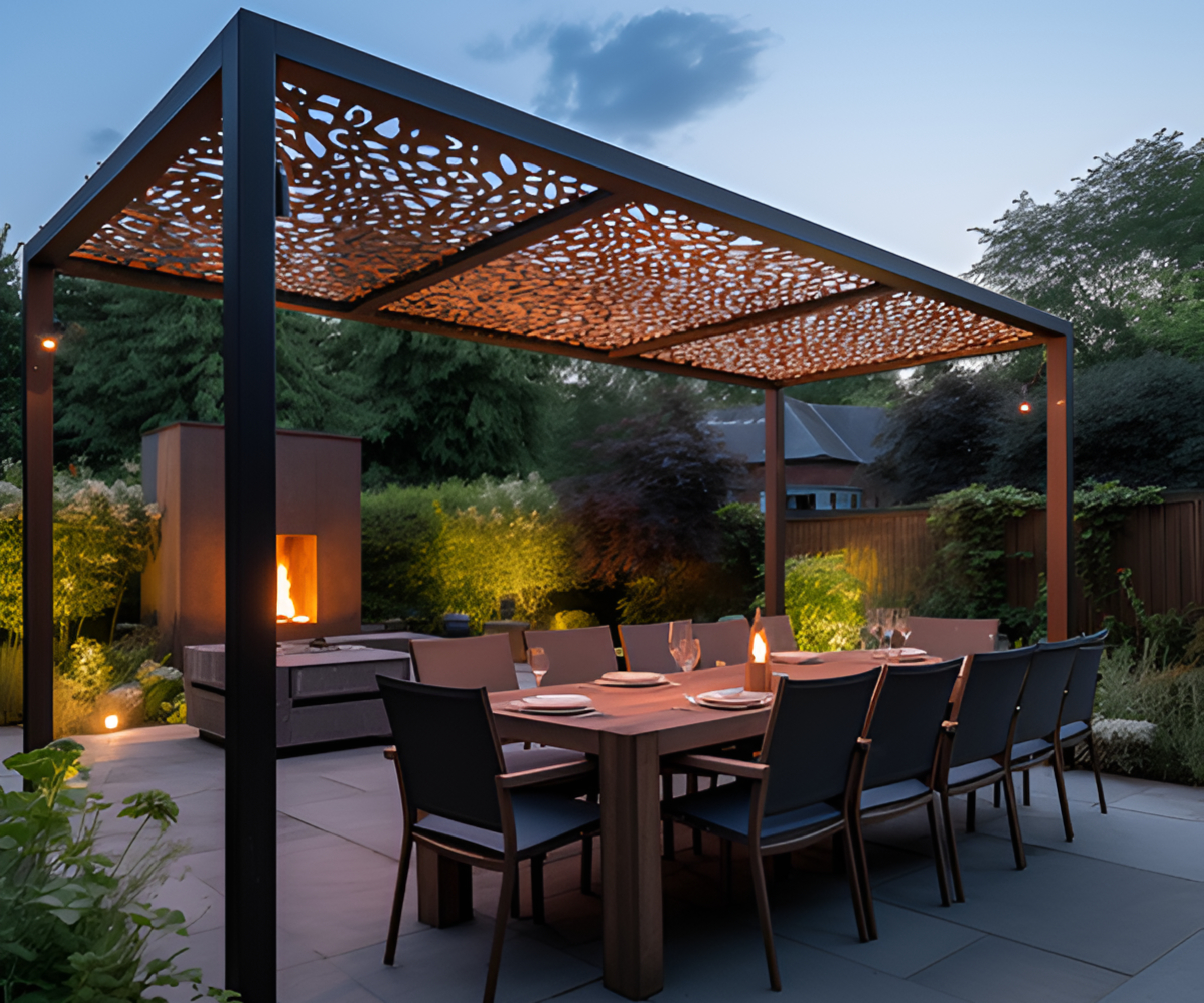 metal pergola over seating area with outdoor fireplace in background