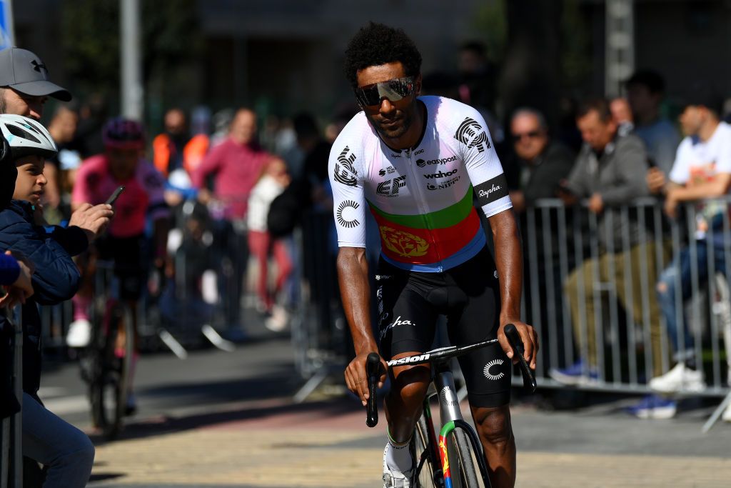 SANTURTZI SPAIN APRIL 06 Merhawi Ghebremedhin Kudus of Eritrea and Team EF Education Easypost prior to the 62nd Itzulia Basque Country Stage 4 a 1757km stage from Santurtzi to Santurtzi UCIWT on April 06 2023 in Santurtzi Spain Photo by David RamosGetty Images