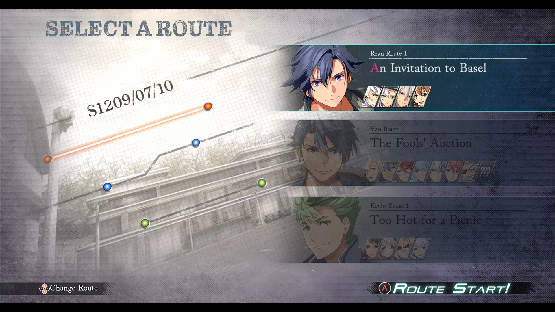 A route selection screen in Trails Beyond the Horizon, asking the player to select Rean, Kevin, or Van's next storyline.