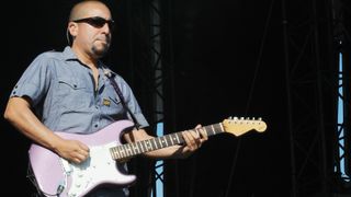 ROTHBURY, MI - JULY 05: Guitarist Dave Shul of Michael Franti and Spearhead performs during the Rothbury Music Festival at the Double JJ Ranch on July 5, 2008 in Rothbury, Michigan. 