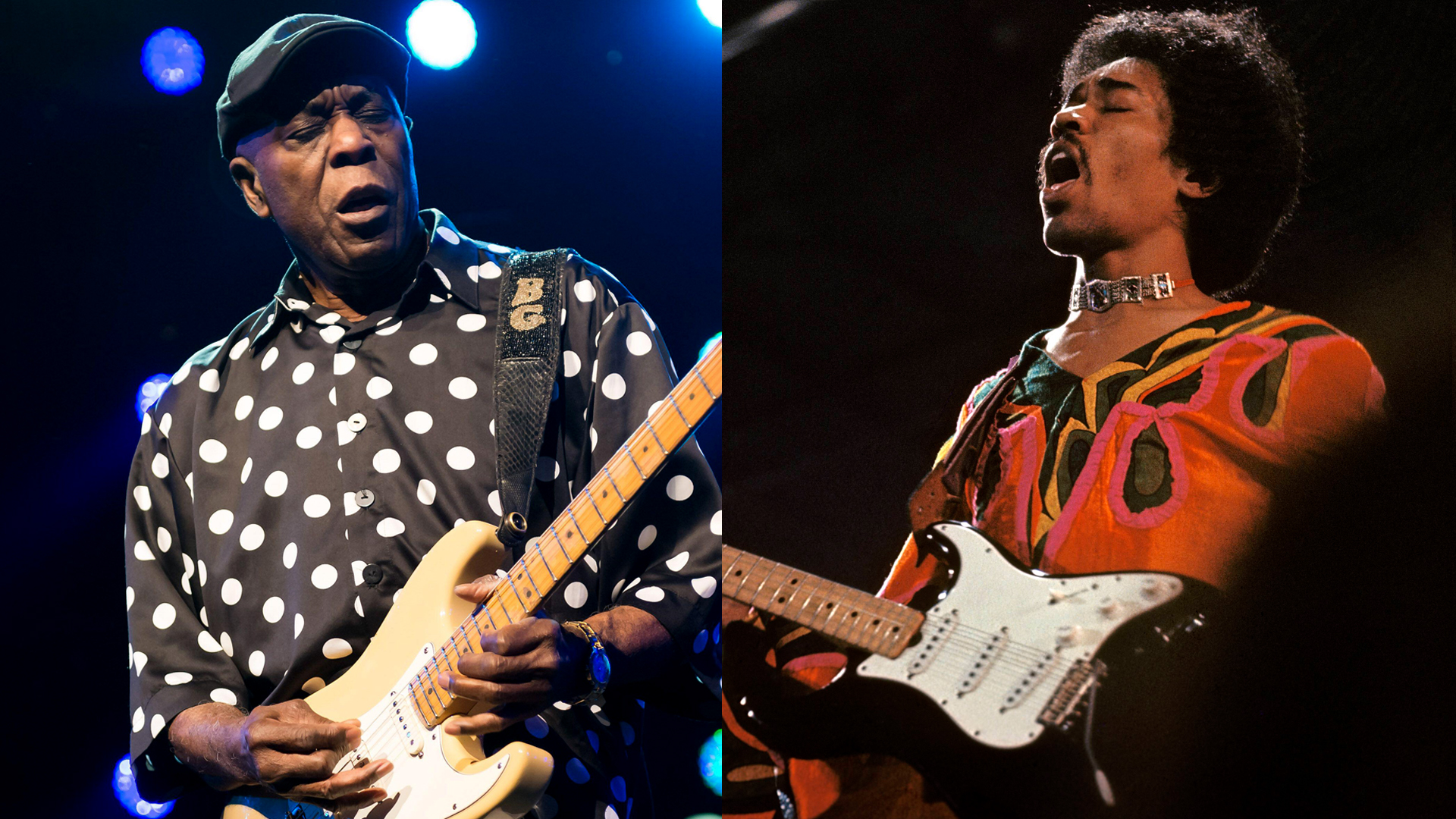 LEFT: Buddy Guy performs live on stage at Montreux Jazz Festival in Montreux, Switzerland, on July 04, 2016. RIGHT: Jimi Hendrix (1942-1970) performs live on stage playing a black Fender Stratocaster guitar at the 1970 Isle of Wight Festival at Afton Down on the Isle of Wight on the night of 30th-31st August 1970.