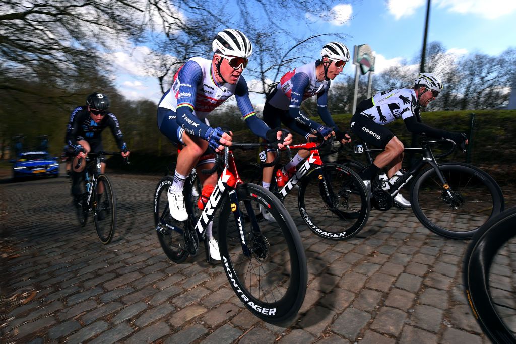 KOKSIJDE BELGIUM MARCH 19 Mads Pedersen of Denmark and Team Trek Segafredo Alex Kirsch of Luxembourg and Team Trek Segafredo Lasse Norman Hansen of Denmark and Team Qhubeka Assos during the 19th Bredene Koksijde Classic 2021 a 199km race from Bredene to Koksijde Kemmelberg Cobblestones Breakaway BredeneKoksijde on March 19 2021 in Koksijde Belgium Photo by Luc ClaessenGetty Images