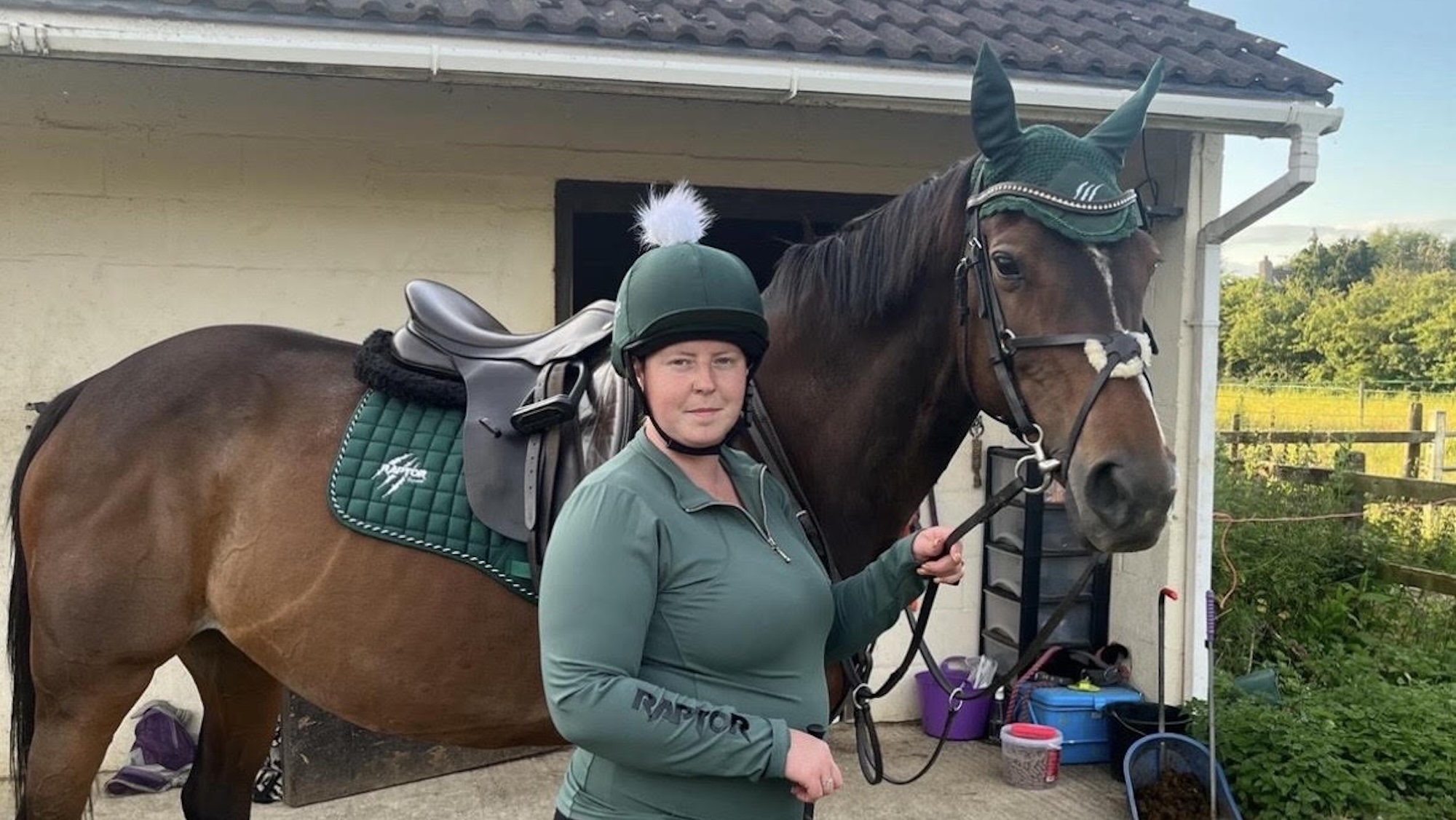 A rider holding a bay thoroughbred