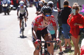 Thomas De Gendt (Lotto Soudal) riding away from Serge Pauwels (Dimension Data) for the win