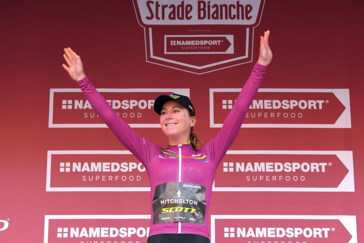 Annemiek van Vleuten pulls on the purple jersey as leader of the 2019 Women's WorldTour