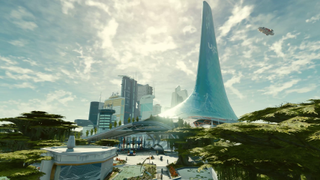 New Atlantis city with trees and skyscrapers 