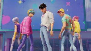 The Saja Boys stand posed during an outdoor concert in KPop Demon Hunters.