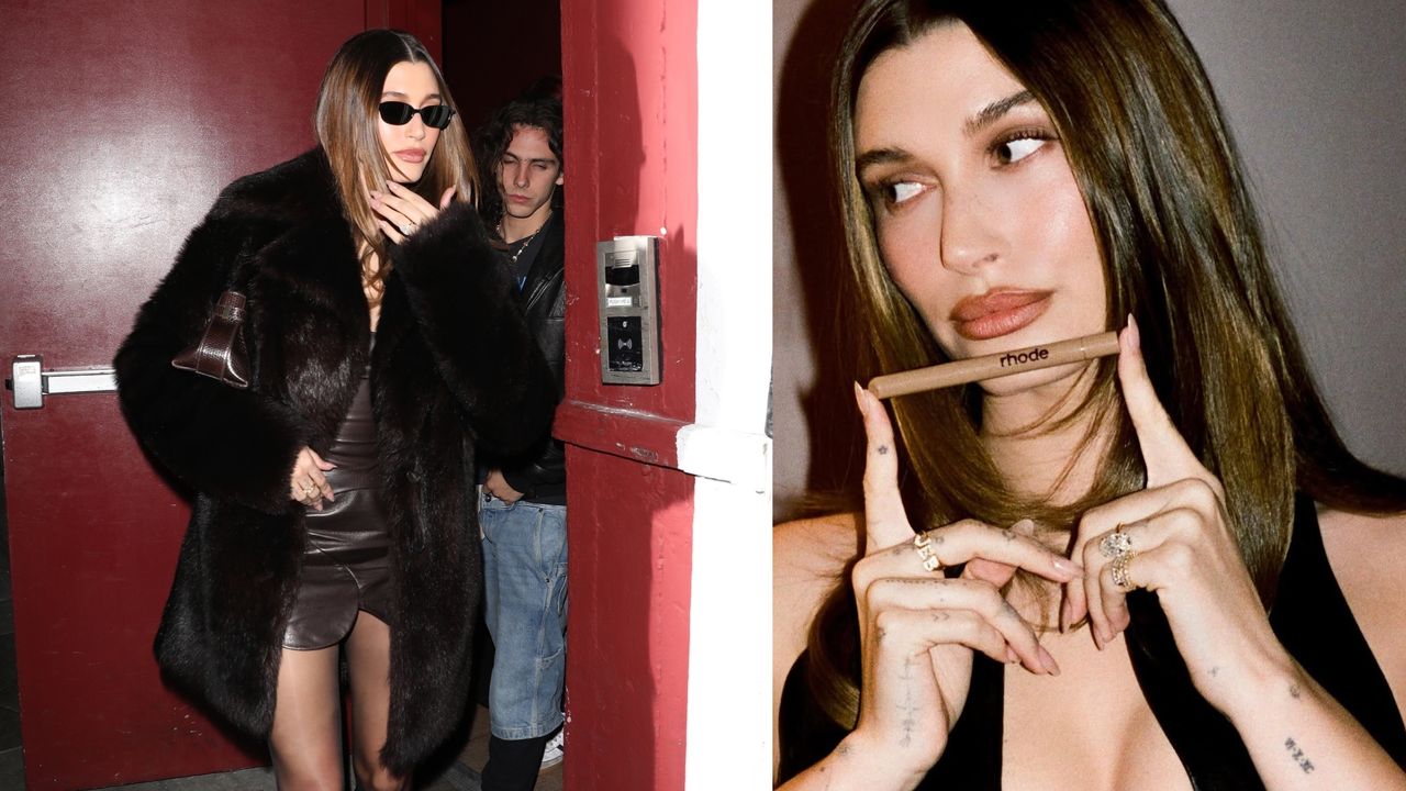 a composite image of hailey bieber leaving her rhode beauty launch party with a new ring for her baby jack blues bieber