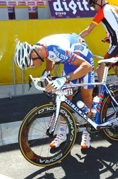 Tom Boonen (Quick Step) checks on his bike before the off.