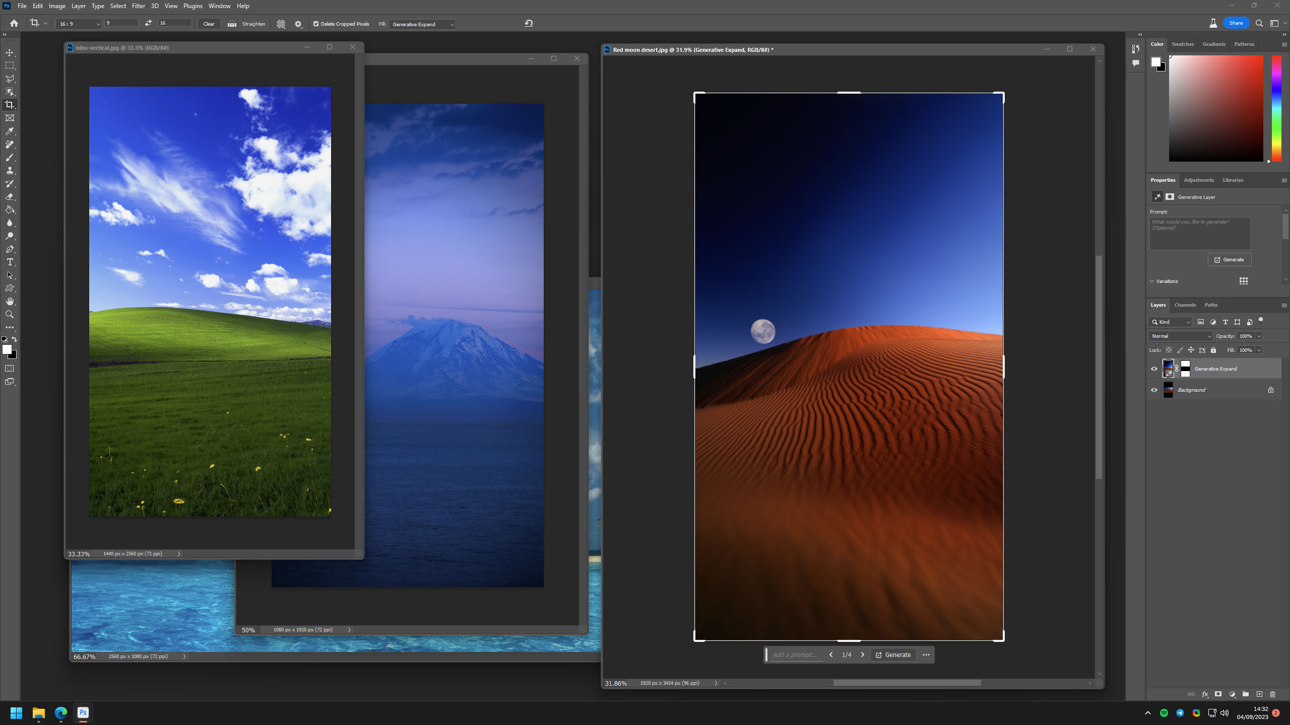 Papéis de parede do Windows XP expandidos para proporção 9:16 no Adobe Photoshop Beta