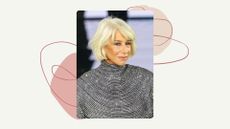 Helen Mirren is pictured with a tousled bob hairstyle and wearing a glittery silver top whilst walking the runway during the Le Défilé. Liberté, Egalité, Sororité "You're Worth It" L'Oréal Paris Womenswear Spring/Summer 2026 show as part of Paris Fashion Week at Hotel de Ville on September 29, 2025 in Paris, France/ featured in a cream template with pink lines and circles.