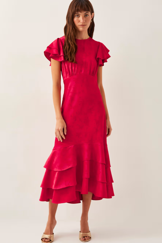 Satin Round Neck Ruffle Midi Waisted Dress