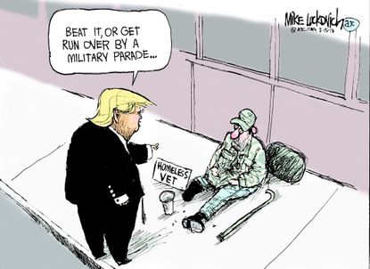Political cartoon U.S. Trump military parade veterans homelessness