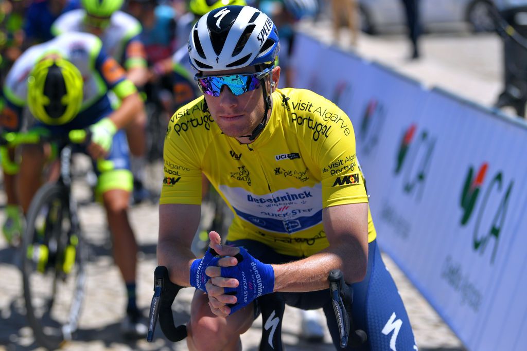 FOIA PORTUGAL MAY 06 Sam Bennett of Ireland and Team Deceuninck QuickStep yellow leader jersey at start during the 47th Volta Ao Algarve 2021 Stage 2 a 1828km stage from Sagres to Fia 890m Oakley sunglasses Detail view VoltAlgarve VAlgarve2021 on May 06 2021 in Fia Portugal Photo by Luc ClaessenGetty Images