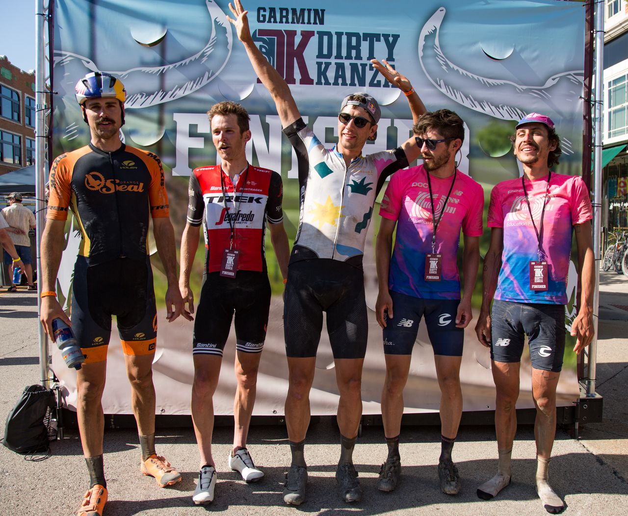 The men's podium: Payson Mcelveen, Peter Stetina, winner Colin Strickland, Alex Howes and Lachlan Morton