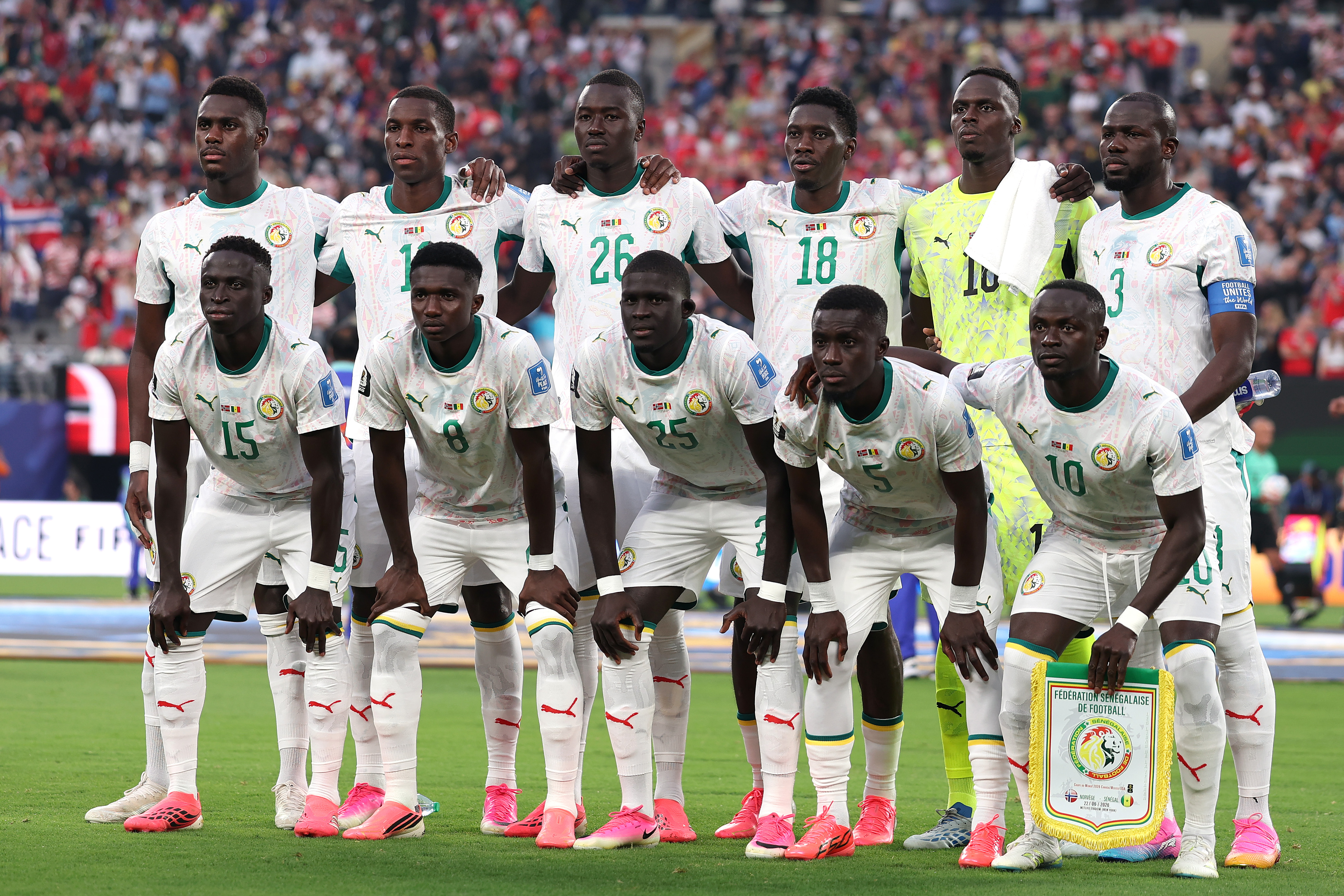 EAST RUTHERFORD, NEW JERSEY - JUNE 22: Senegal players pose for a team photograph before the FIFA World Cup 2026 Group I match between Norway and Senegal at New York New Jersey Stadium on June 22, 2026 in East Rutherford, New Jersey. (Photo by Mattia Ozbot/Getty Images)