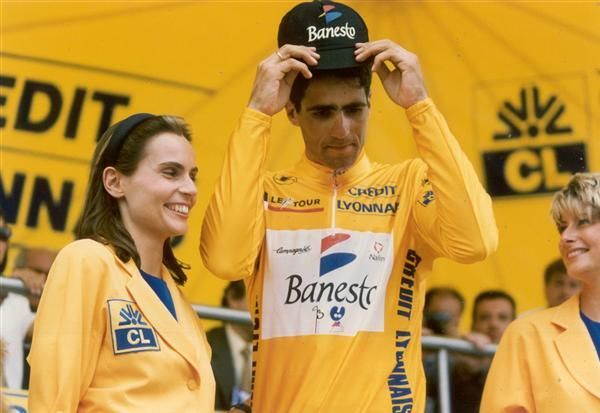 Spain's Miguel Indurain celebrates his fifth consecutive win in 1995