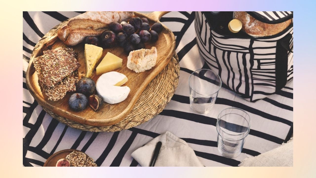 Picnic set up on black and white blanket on rainbow background