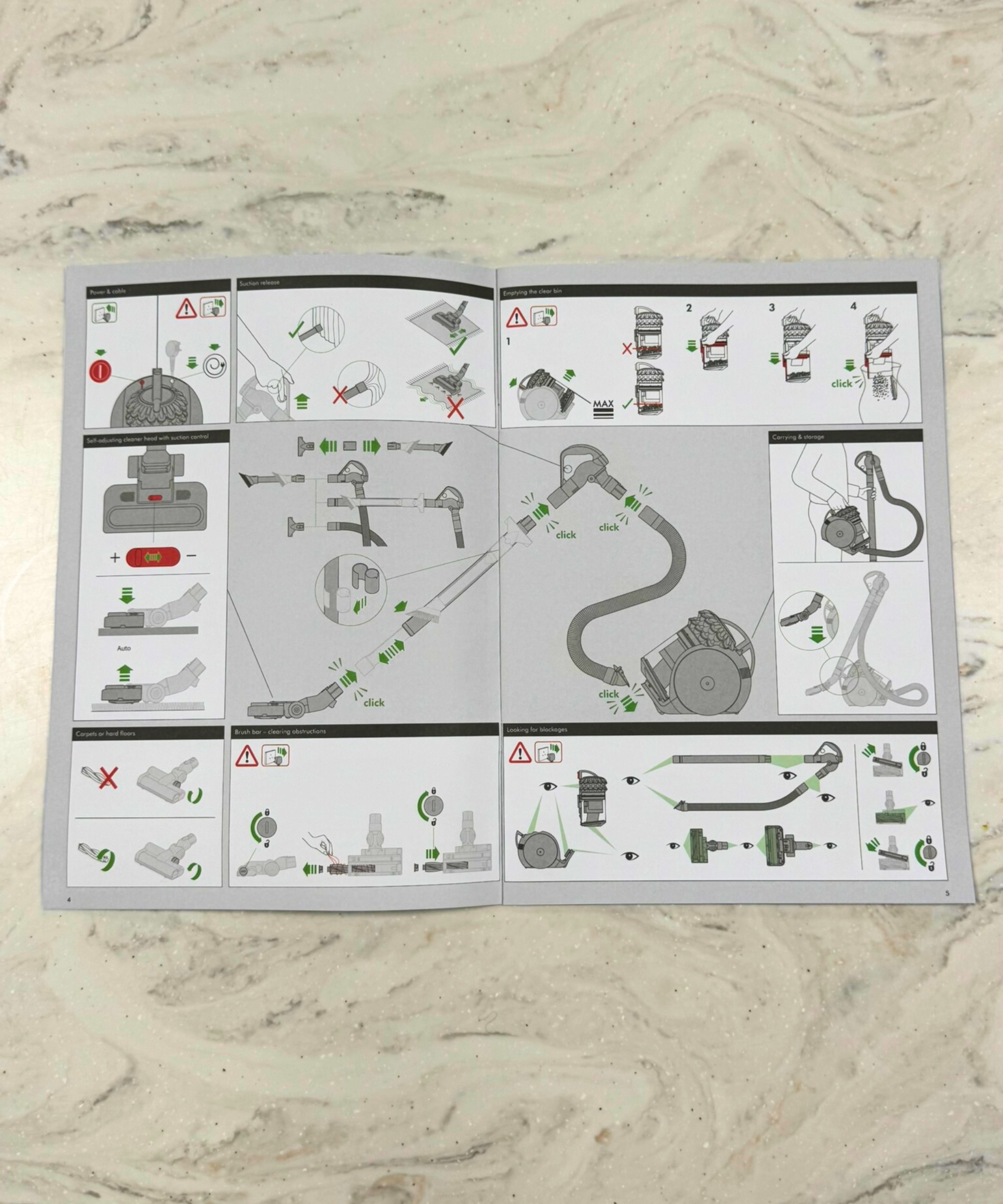 Instructions for the Dyson Big Ball Turbinehead on marble countertop in Future test center.