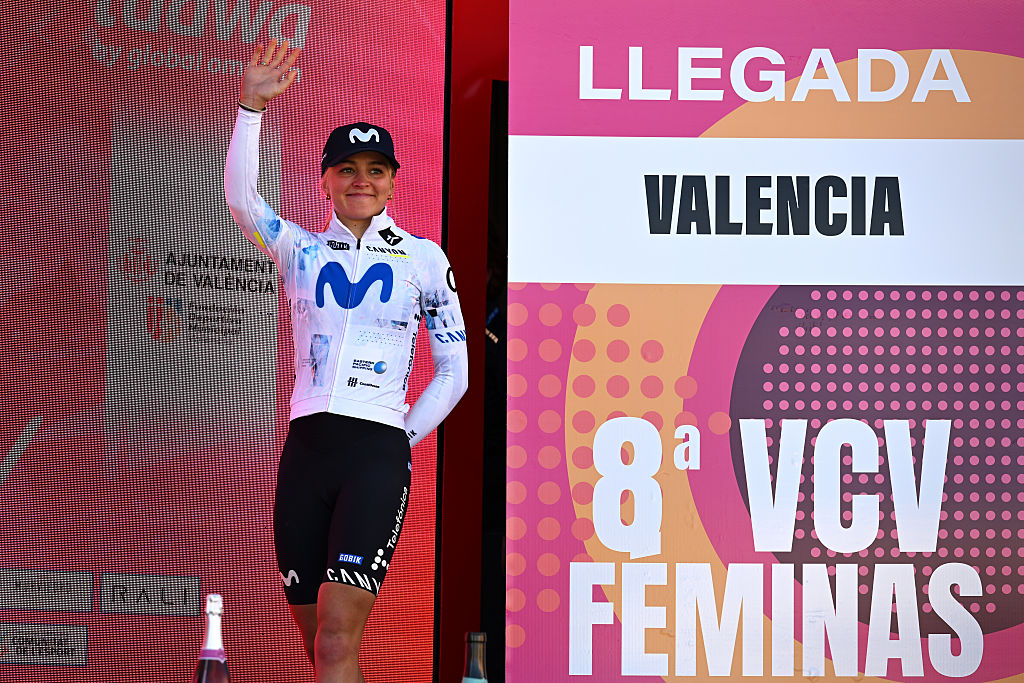 VALENCIA, SPAIN - FEBRUARY 08: Cat Ferguson of Great Britain and Team Movistar on third place poses on the podium ceremony after the 8th VCV Feminas Gran Premio Tuawa 2026 a 94.7km one day race from Betera to Valencia on February 08, 2026 in Valencia, Spain. (Photo by Szymon Gruchalski/Getty Images)