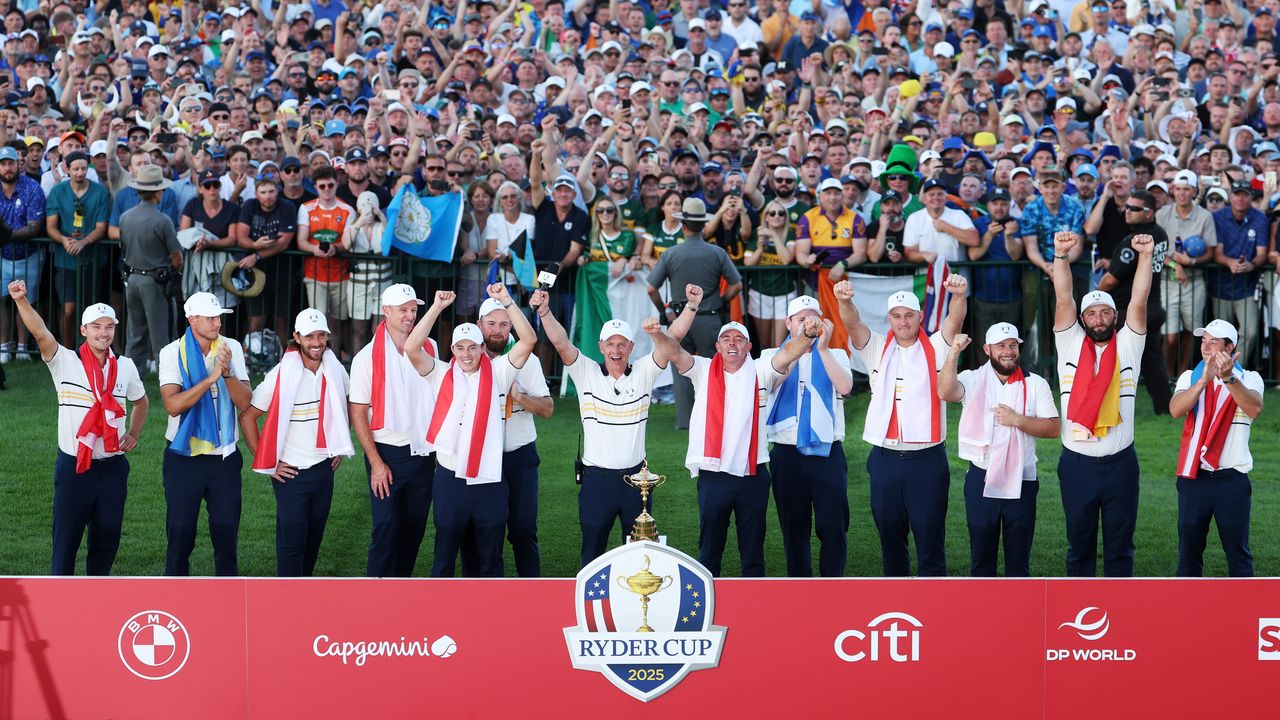 Team Europe celebrate winning the 2025 Ryder Cup at Bethpage Black