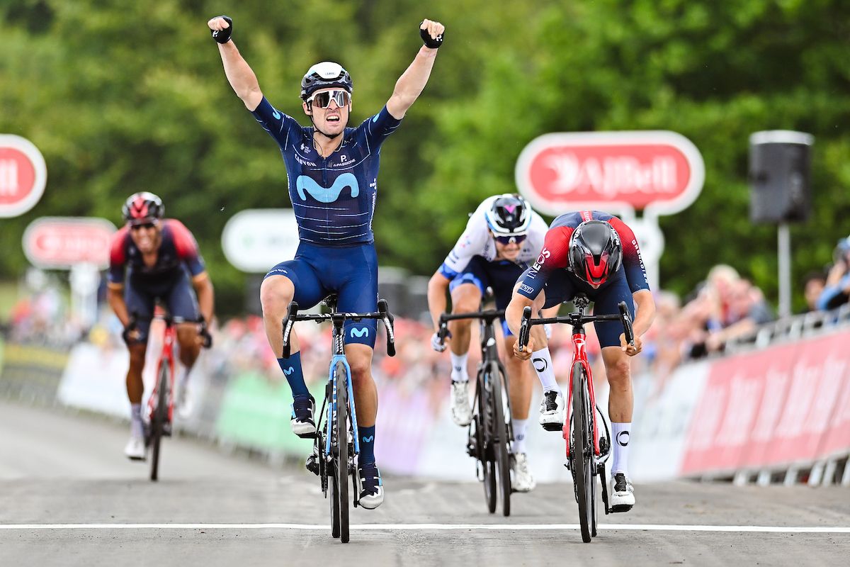 Picture by Will PalmerSWpixcom 07092022 Cycling 2022 AJ Bell Tour of Britain Stage 4 Redcar to Helmsley England Gonzalo Serrano of Team Movistar celebrates victory as Tom Pidcock of Team INEOS Grenadier comes in second and Dylan Teuns of Team Israel Premier Tech in third