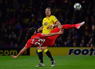 Emre Can scores a bicycle kick for Liverpool against Watford in May 2017.