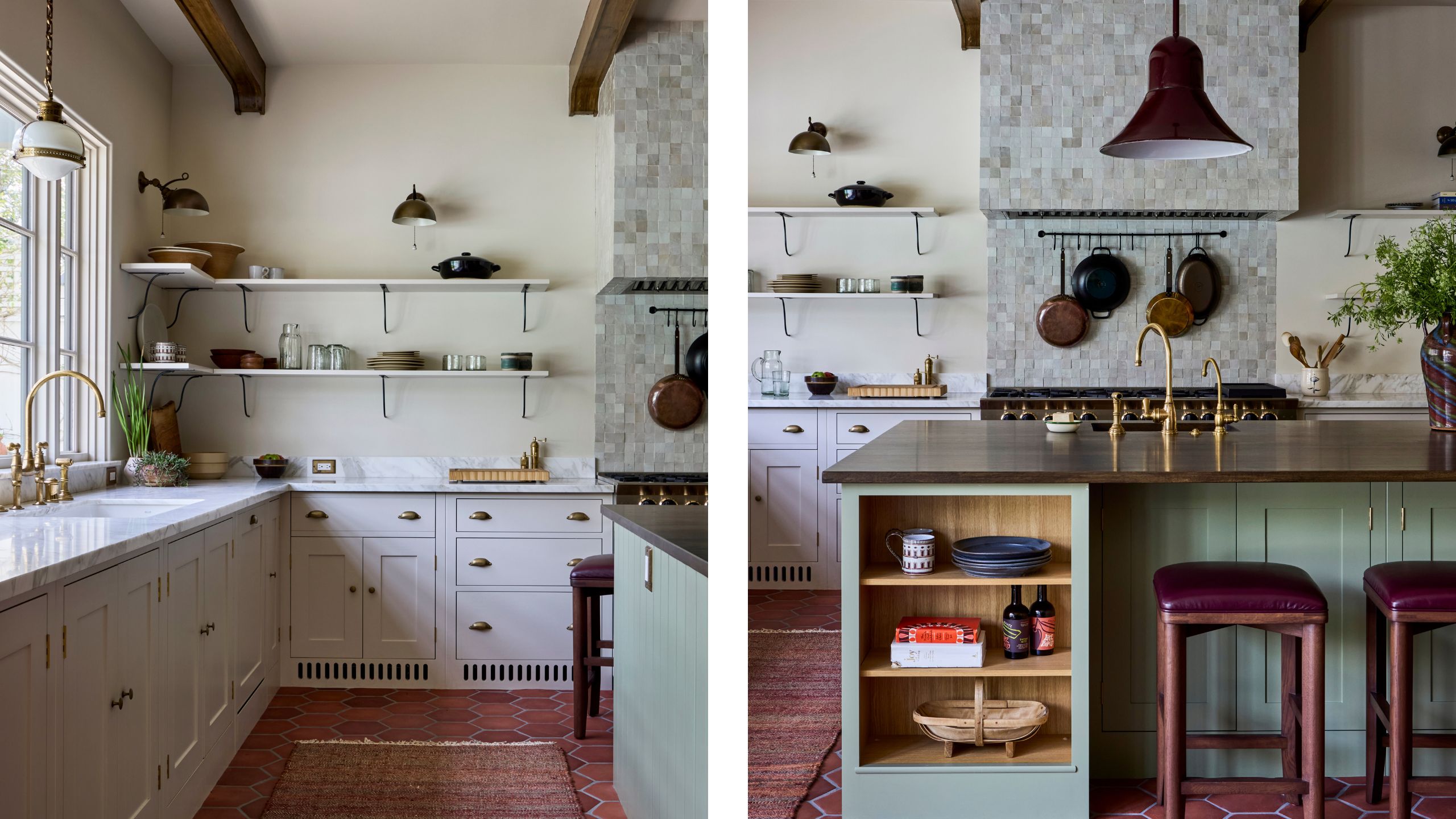 two side by side images of a layered soft gray kitchen with tiled cooker hood, open shelving, terracotta floors and a green kitchen island
