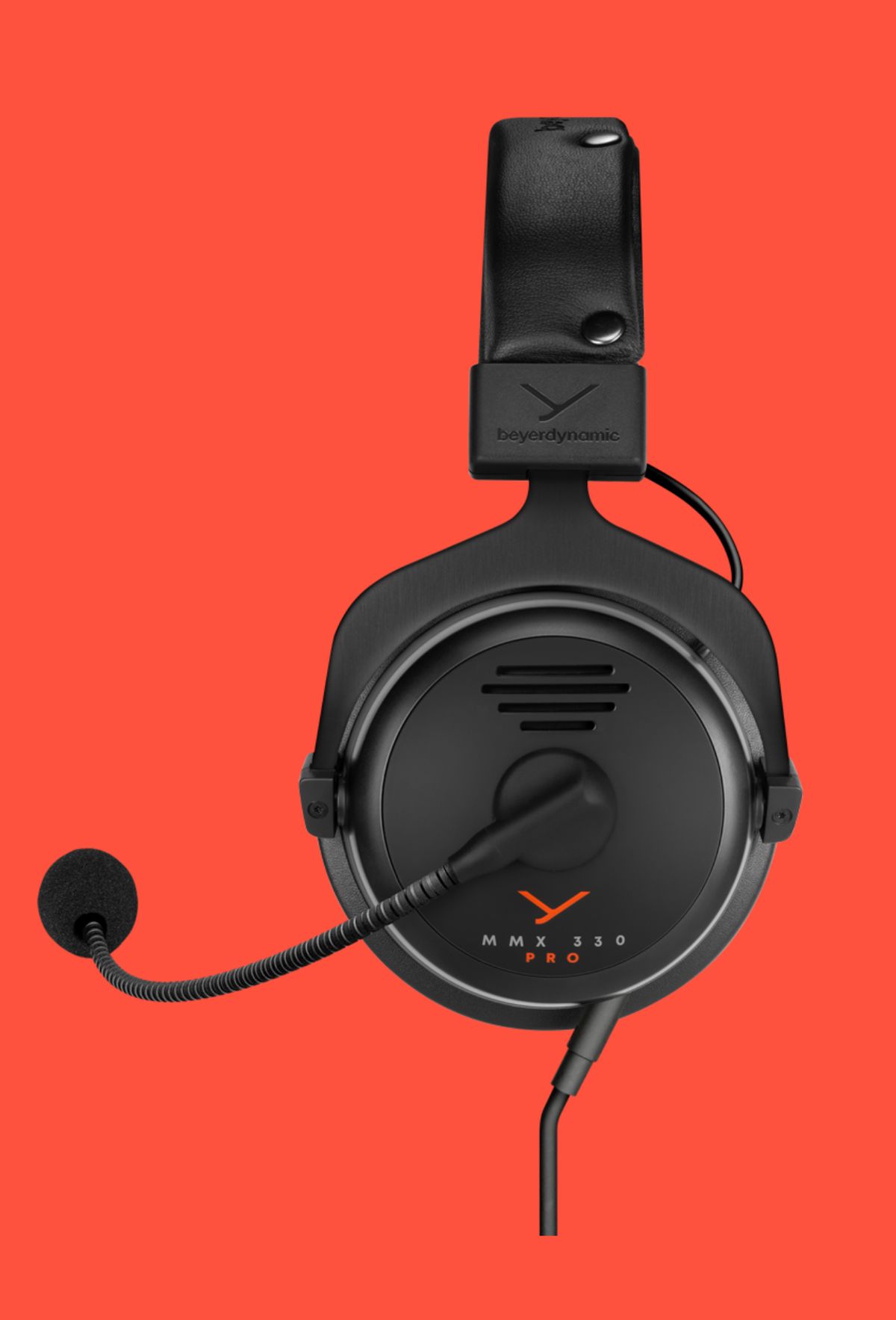 The Beyerdynamic MMX 330 Pro gaming headset on a red background