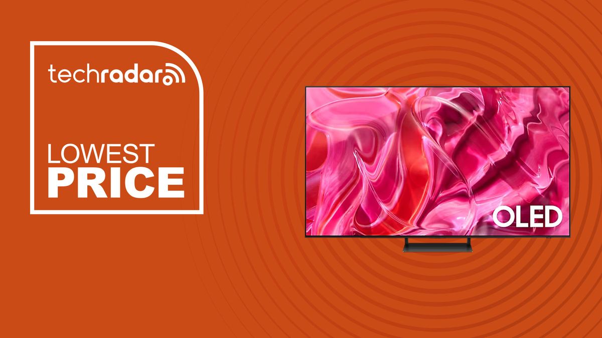 Samsung 65-Inch Class S90C OLED 4K UHD Smart Tizen TV 2023 on orange background with lowest price TechRadar sign