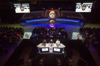 Arizona State University's fitness center transformed into an Overwatch arena for the Fiesta Bowl championship.